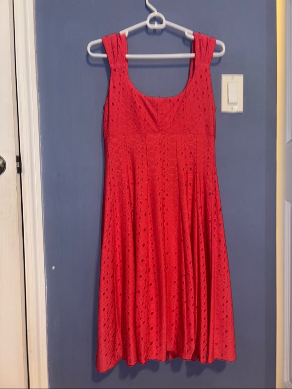 London Times Red Eyelet Sleeveless Fit & Flare Midi Dress - Picture 6 of 8